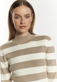 Rippstrick-Pullover mit hohem Kragen, abwechselnd beige und weiße horizontale Streifen und einer figurbetonten Silhouette.
