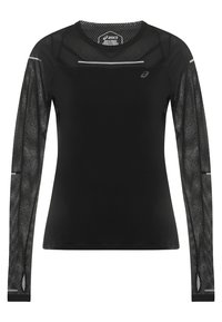 Camisa atlética negra de manga larga con paneles de malla en las mangas, detalles reflectantes y un cuello redondo. Fabricada con material transpirable.