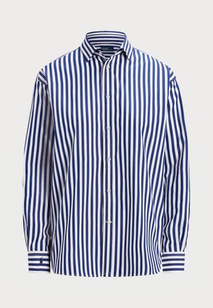 Blue and white vertically striped long-sleeve button-up shirt with collar and embroidered logo on left cuff.