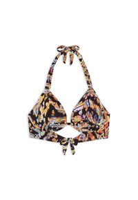 Triangelbikinitopp i ett färgglatt abstrakt mönster på en svart bakgrund. Har halterneck-band och ett snörning bak. Mjukt tyg.