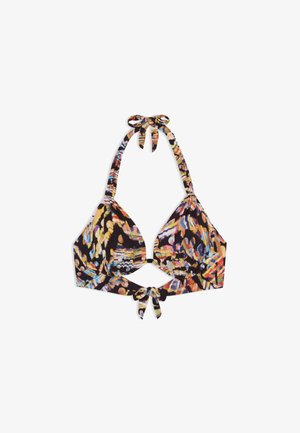 Haut de bikini triangle dans un motif abstrait coloré sur fond noir. Comprend des liens autour du cou et un lien dans le dos. Tissu doux.