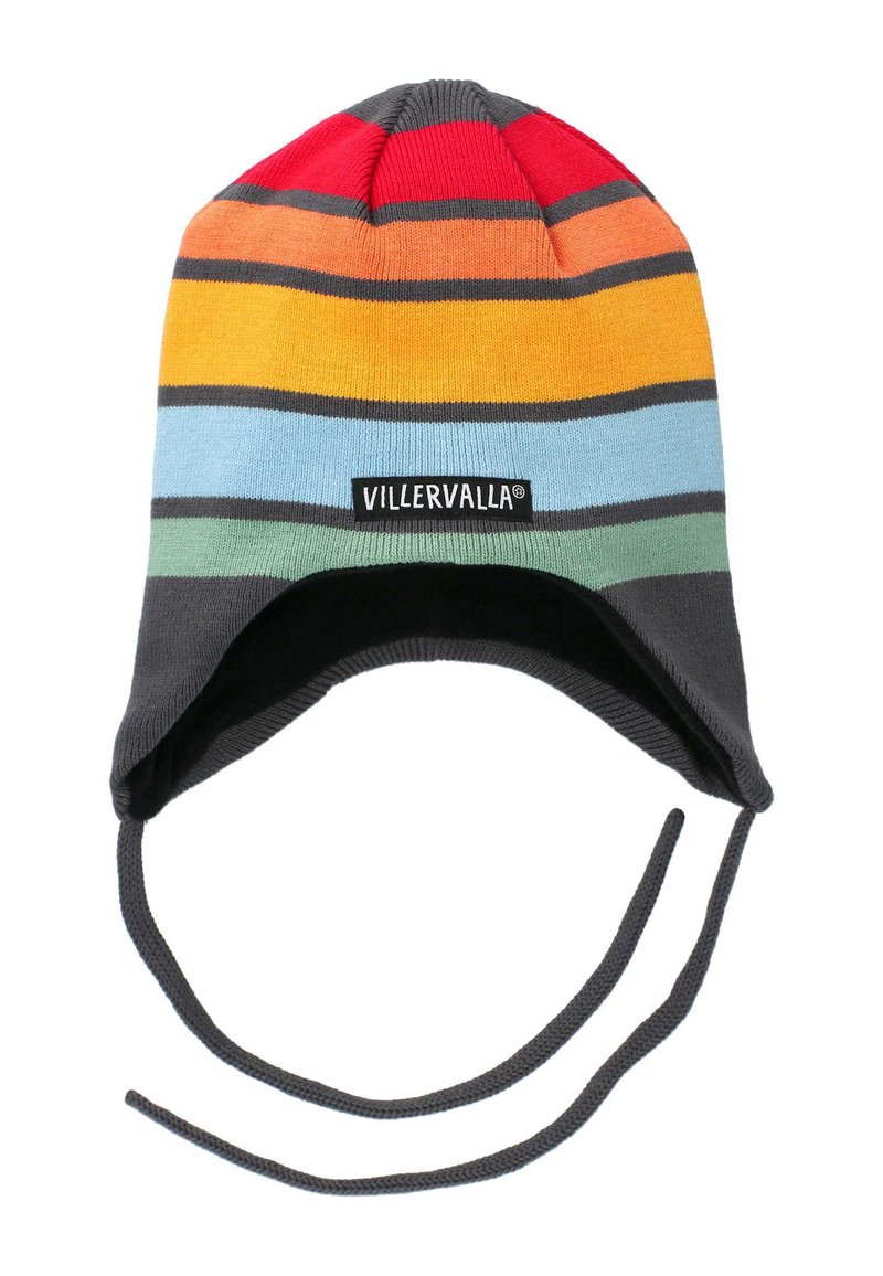 Multicolored knit hat with vertical stripes in red, orange, yellow, light blue, green, and gray. Features ear flaps and chin ties.