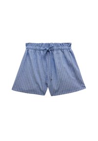 Blårandiga shorts med elastisk midja, snörning och en lös passform. Tillverkade av ett andningsbart tyg som passar för avslappnad användning.