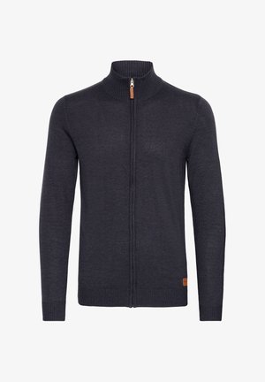 Dark gray knitted cardigan with a high collar, full zip front, ribbed cuffs and hem, featuring a small leather accent near the bottom.