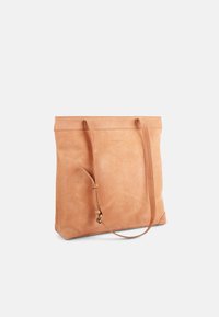Tan leather tote bag with two sturdy shoulder straps, flat rectangular shape, minimalistic design, and a subtle embossed logo on the front.