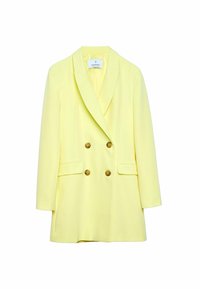 Geel dubbelgeknoopt colbert van soepel stof, met een sjaalkraag, gouden knopen en twee zakken aan de voorkant.