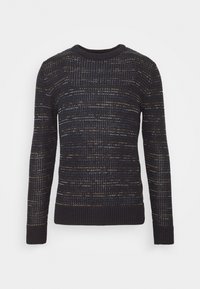 Pull en maille bleu foncé et noir avec un motif texturé, comportant des accents dorés et argentés, un col rond et des poignets et un ourlet côtelés.