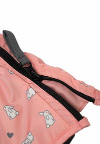 Pink fabric pouch with black zipper, decorated with white bunny and heart patterns.