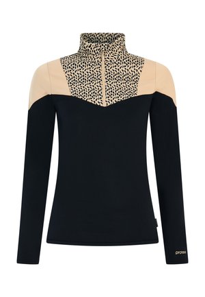 Zwarte langslavige top met een hoge kraag. Bovenkant van de voorkant is voorzien van een beige stof met een zwart patroon. Versterkt met een logo op de mouw.