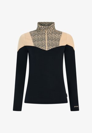 Haut noir à manches longues avec un col montant. La partie supérieure devant présente un tissu beige avec un motif noir. Accentué par un logo sur la manche.