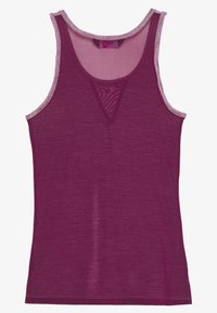 Fialový tílko bez rukávů s texturovaným trojúhelníkovým vykrojením vpředu a kontrastním světlejším lemem podél výstřihu a průramků.