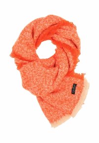 Gestructureerde oranje sjaal met een houndstooth-patroon, voorzien van franjes en een logo-label. Gemaakt van een warme, zachte stof.