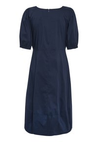 Srednje dolga obleka mornarsko modre barve z napihnjenimi rokavi do komolca in zadnjim zadrgo.