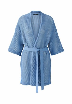 Light blue, open-knit robe with wide sleeves and a matching belt; features a breathable texture and a relaxed fit.