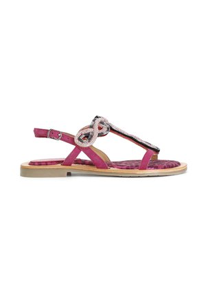 Sandal in pelle rosa con dettagli di perline, punta aperta e cinturino regolabile alla caviglia. Soletta testurizzata con un design a motivo. Suola piatta.