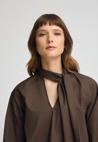 Blusa marrone a maniche lunghe con scollo a V e dettaglio di una sciarpa annodata al collo. Tessuto liscio, vestibilità rilassata e accenti di cuciture minime.