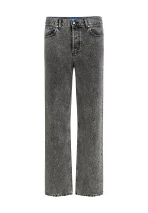 Schwarze Denim-Jeans mit geradem Bein, mit einem verwaschenen Finish, fünf Taschen, einem Knopf- und Reißverschluss sowie contrasting Nähten.