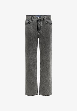 Sorte denim jeans med rett benkutt, med et falmet utseende, fem lommer, knapp- og glidelås-lukking, og kontrastsømm.