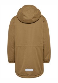 Veste marron à capuche avec poignets élastiques et taille froncée. Tissu lisse et patch logo blanc au bas du dos.