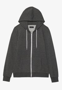 Sudadera gris con cremallera, bolsillo frontal, cordones y un interior suave. Presenta mangas largas y puños y dobladillo acanalados.
