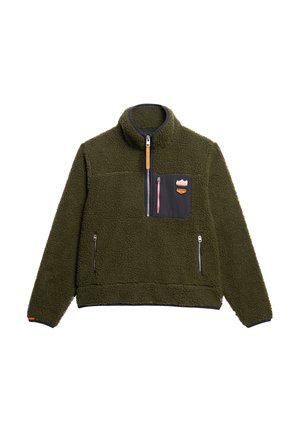 Fleece pullover in donkergroen met een kwart-rits en een ritssluiting op de borst, featuring een contrasterende zwarte stof pocket en zijrits zakken.
