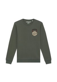 Olijfgroene sweatshirt van zachte stof met een ronde hals en lange mouwen; voorzien van een grafische print "No Pain No Gain" in beige op de borst.