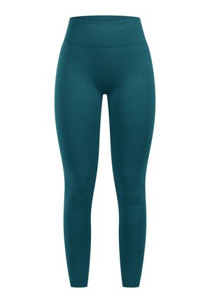 Petrolfarbene Leggings mit hohem Bund, gefertigt aus glattem, dehnbarem Material. Das Design zeichnet sich durch eine körpernahe Silhouette ohne Muster aus.