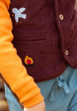 Kastanienbraune Cordwest mit Vogel- und Lagerfeuer-Stickerei, kombiniert mit einem orangefarbenen, gerippten Langarmshirt und hellblauen Hosen mit Kordelzug.