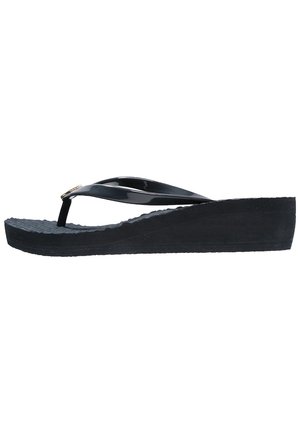 Black wedge flip-flop with glossy straps, textured footbed, and a raised heel. Simple design with no additional patterns or accents.