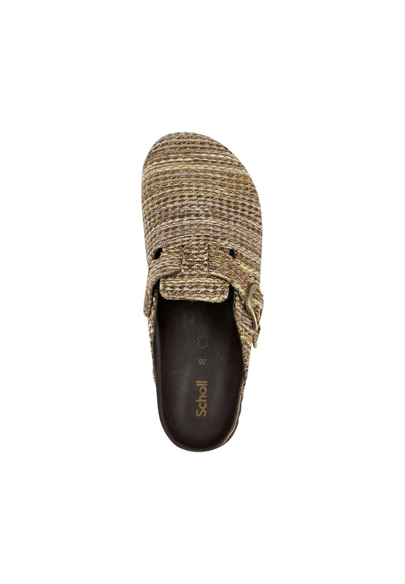 Sabot tissé marron à enfiler avec sangle et boucle réglables, semelle intérieure noire et marquage "Scholl" à l'intérieur.