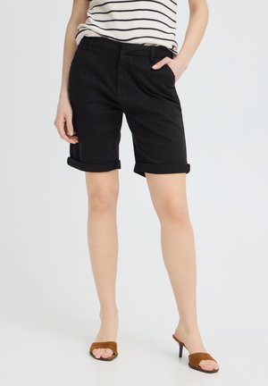Persoon draagt zwarte shorts met opgerolde zoom, gestreept overhemd ingestopt, bruine open-toe sandalen met hak, staat met één hand in de zak.