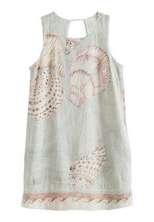 Sukienka bez rękawów w jasnoszarym kolorze z dużymi nadrukami muszli morskich w delikatnych różowych i beżowych tonacjach, z małym wycięciem w kształcie klucza na plecach i falowanym dołem.