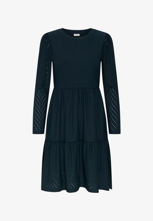 Rochie verde închis cu mâneci lungi, confecționată dintr-un material texturat cu un model în zigzag și tăiat sub bust, cu o evazare la tiv.