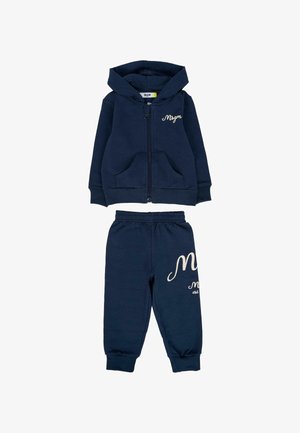 Marineblauwe peuter hoodie en set van sweatpants met elastische taille, met voorzakken en witte "Msgm" logo op de borst en het been.