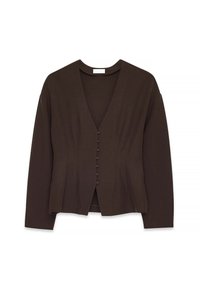 Brūna, garām piedurknēm blūze ar V veida kaklu un pogām priekšpusē. Gluda tekstūra, pieguļošs dizains un diskretais vertikālais krokotājums.