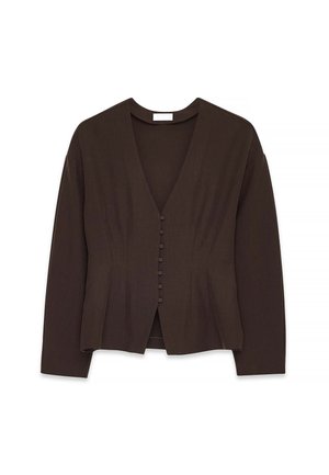 Ruda, ilgomis rankovėmis palaidinė su V formos iškirpte ir sagomis priekyje. Lygi tekstūra, priderintas dizainas ir subtilios vertikalios raukšlės.