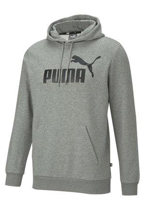 Grauer Hoodie aus weichem Stoff, mit einer Kängurutasche, gerippten Bündchen und einem großen schwarzen "PUMA"-Logo mit einer Puma-Silhouette.