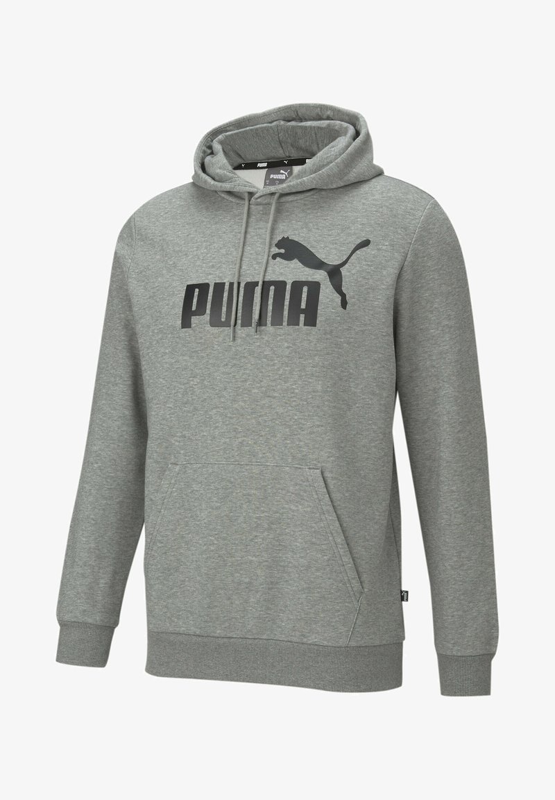 Gray hoodie made of soft fabric, featuring a kangaroo pocket, ribbed cuffs, and a large black "PUMA" logo with a puma silhouette.