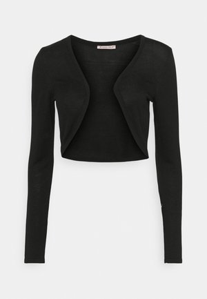 Cardigan nero corto aperto davanti con maniche lunghe, realizzato in tessuto a maglia leggero, esposto su uno sfondo bianco.