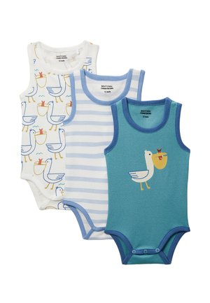 Trois bodys sans manches pour bébé de 12 mois : blanc avec impression de pélican, rayures bleu clair et blanc, bleu sarcelle avec pélican tenant un poisson.