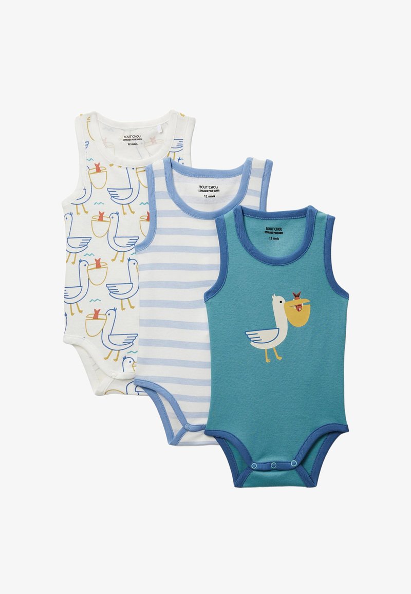 Trois bodys sans manches pour bébé de 12 mois : blanc avec impression de pélican, rayures bleu clair et blanc, bleu sarcelle avec pélican tenant un poisson.