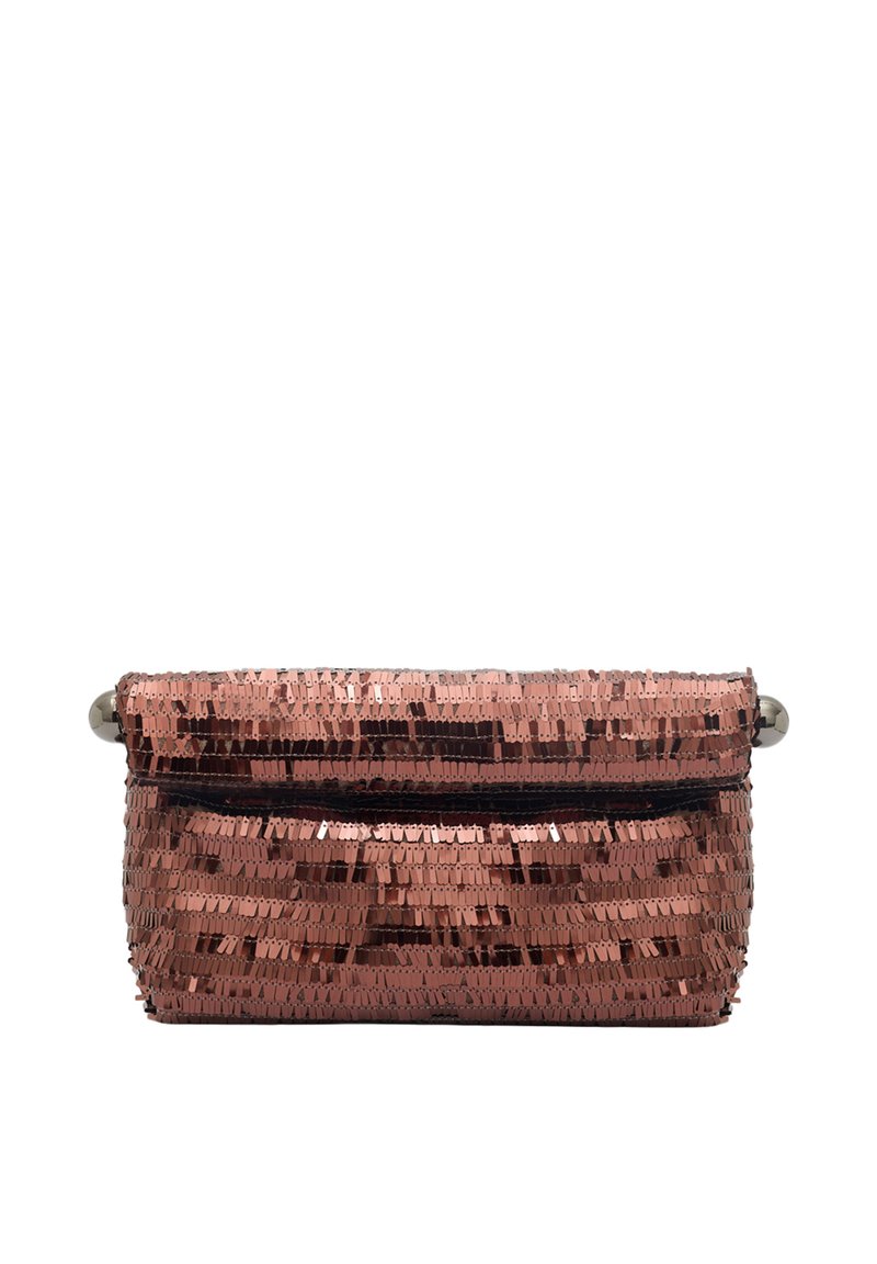 Ruusu kultainen paljettiklutch-laukku, jossa on taitettu yläosa ja musta vuori, etupuolella vetoketju ja metalliset koristeet.