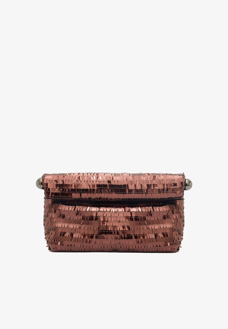 Ruusu kultainen paljettiklutch-laukku, jossa on taitettu yläosa ja musta vuori, etupuolella vetoketju ja metalliset koristeet.