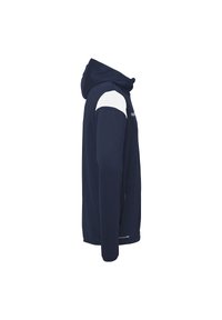 Navy hooded jacket with a white shoulder accent, side zip pocket, and breathable fabric. Features a smooth texture and modern design.