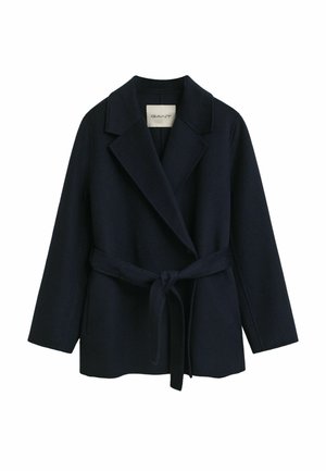 Navy blue wool blend coat featuring a shawl collar, long sleeves, and a belt tie at the waist; smooth texture with no visible fastenings.