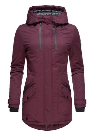 Bordeaux parka jas met capuchon, grijze ritsen, twee grote voorklikken en geribbelde manchetten; gladde textuur en middellange ontwerp.
