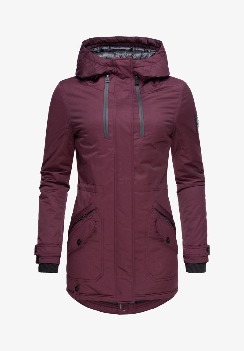 Burgundy parka jacket with a hood, grey zippers, two large front pockets, and ribbed cuffs; smooth texture and mid-length design.