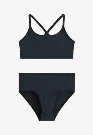 Sort todelt badedragt med en crop top med krydsede skulderstropper og højttaljede bikinibukser.