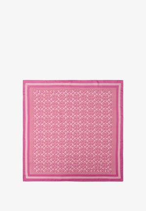 Zijden sjaal in verschillende tinten roze, met een reliëfpatroon en een contrasterende rand met het "COACH"-merk in een hoek.