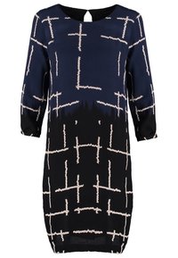 Laivastonsininen mekko, jossa on geometrijainen kuvio valkoisista viivoista. Mekossa on kolme neljäsosaa hihat ja pyöreä kaula-aukko, jossa on avaus takana.